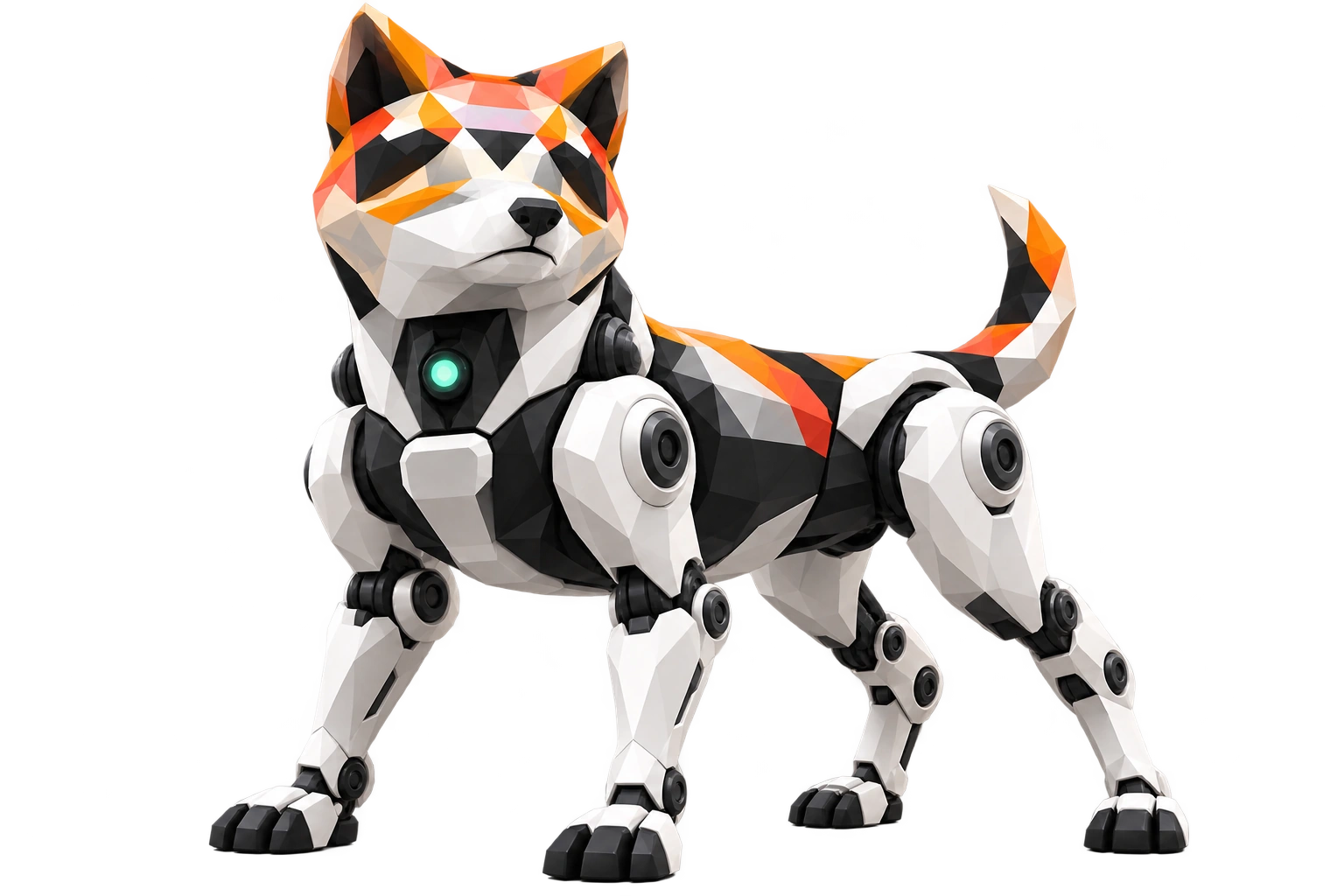 Hacchan, the faceted orange, white and black robotic Akita with a glowing green chest core